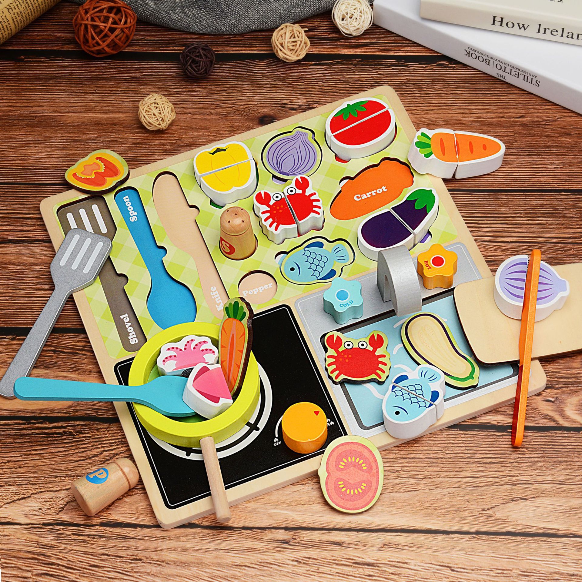Children's fruit cutting toy boys and girls kitchen toy cutting seen the house cutting music barbecue shop wooden puzzle details Picture