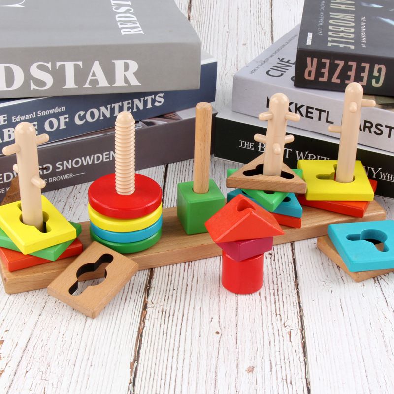 Wholesale custom children's wooden disassemblable five-set column colorful smart plate building blocks geometric shape educational building blocks toys Specification image