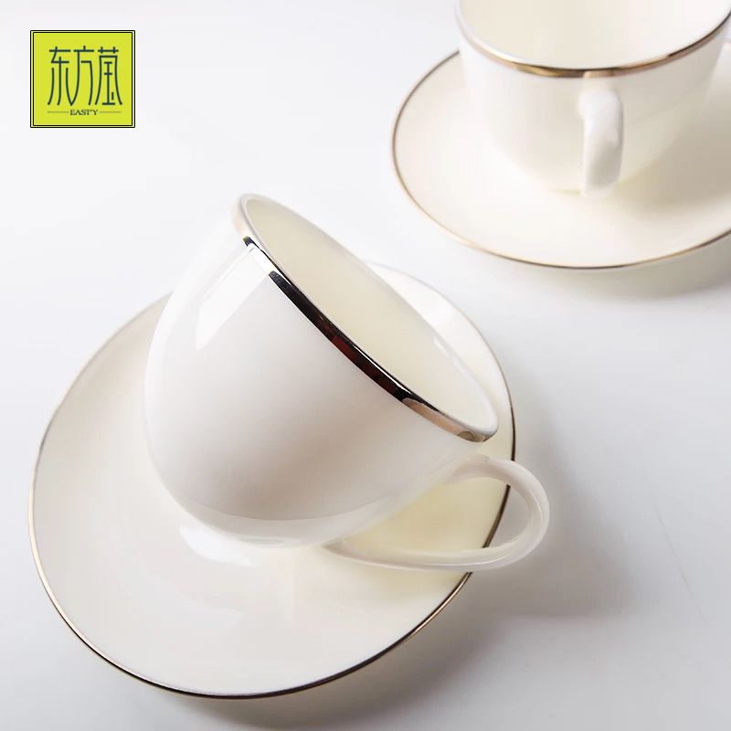 Dongfangying Foreign Trade Ceramic Bone China Aijiu Cup and Plate, White Gold edge Coffee Cup, single cup solid Color Tea Cup, Water cup and plate, afternoon tea, European high-end gift, daily use at home Item Picture