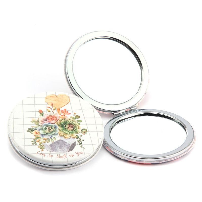 圆形pu皮镜子多肉植物金属迷你小化妆镜可随身携带