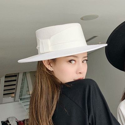 JQ 静俏 网红同款白色羊毛呢平顶礼帽法式复古赫本风女秋冬天大檐帽子