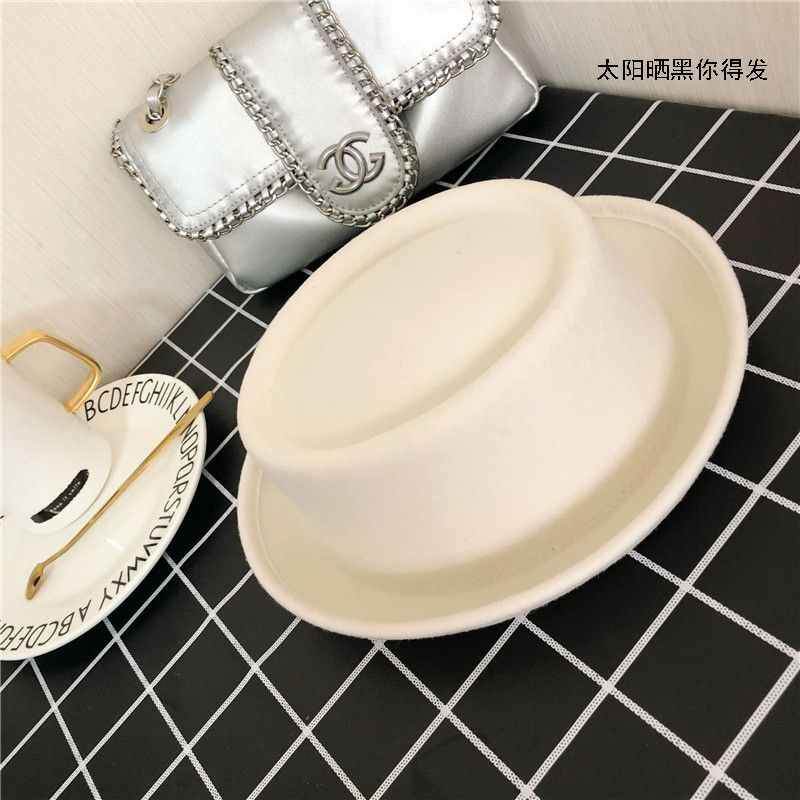 JQ 静俏 新款凹顶白色羊毛小礼帽卷边小沿平顶帽秋冬天女休闲百搭爵士帽潮