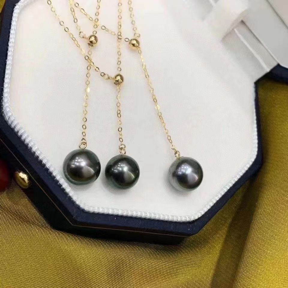 10-11mm天然大溪地黑珍珠吊坠 18k金Y链镶嵌 佩戴优雅大方 