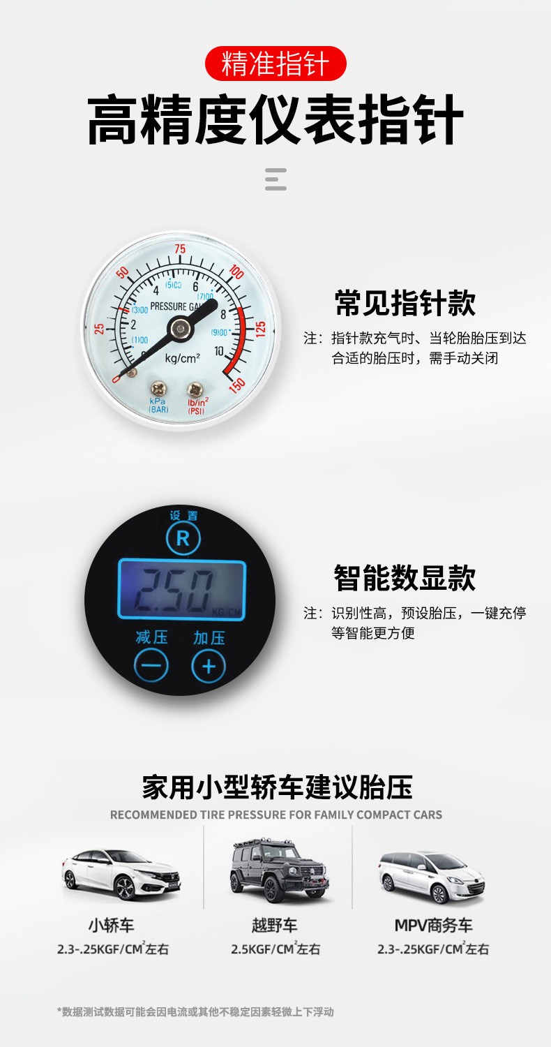 Factory direct sales of car air pumps, high-power tire air pumps for vehicles, mini true two-cylinder car air pumps, pointer models detail image 8