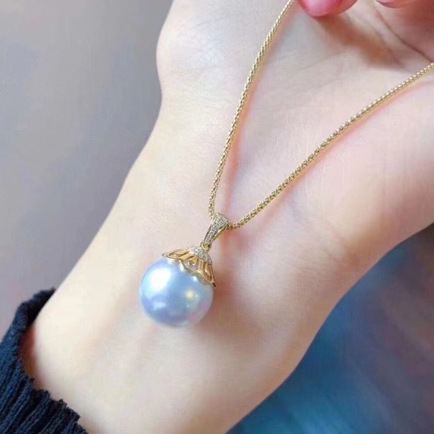 18k镀金吊坠 镶嵌天然原色爱迪生大白猪 12-11mm 正圆正面无暇 活口设计