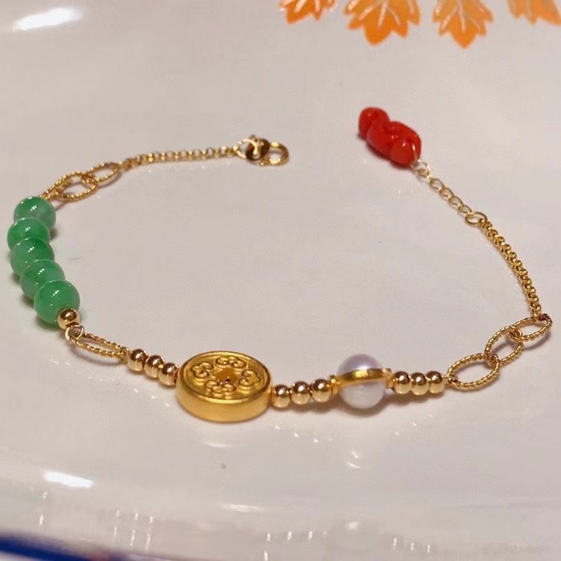 天然阳绿翡翠手链搭配999足金扣 18k金镶嵌天然珍珠吊坠 链身为18k进口手工链