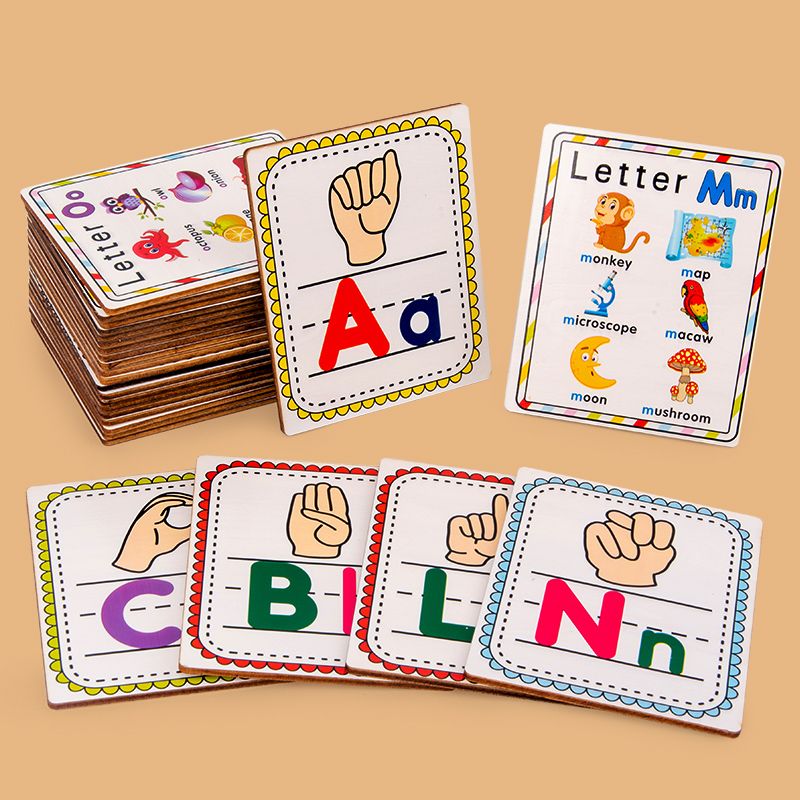 The letter double-sided gesture recognition card is rich in color and highly interesting. It can exercise the baby's color recognition visual ability, cultivate logical thinking ability, exercise early education enlightenment training, and be a parent-child game Item Picture
