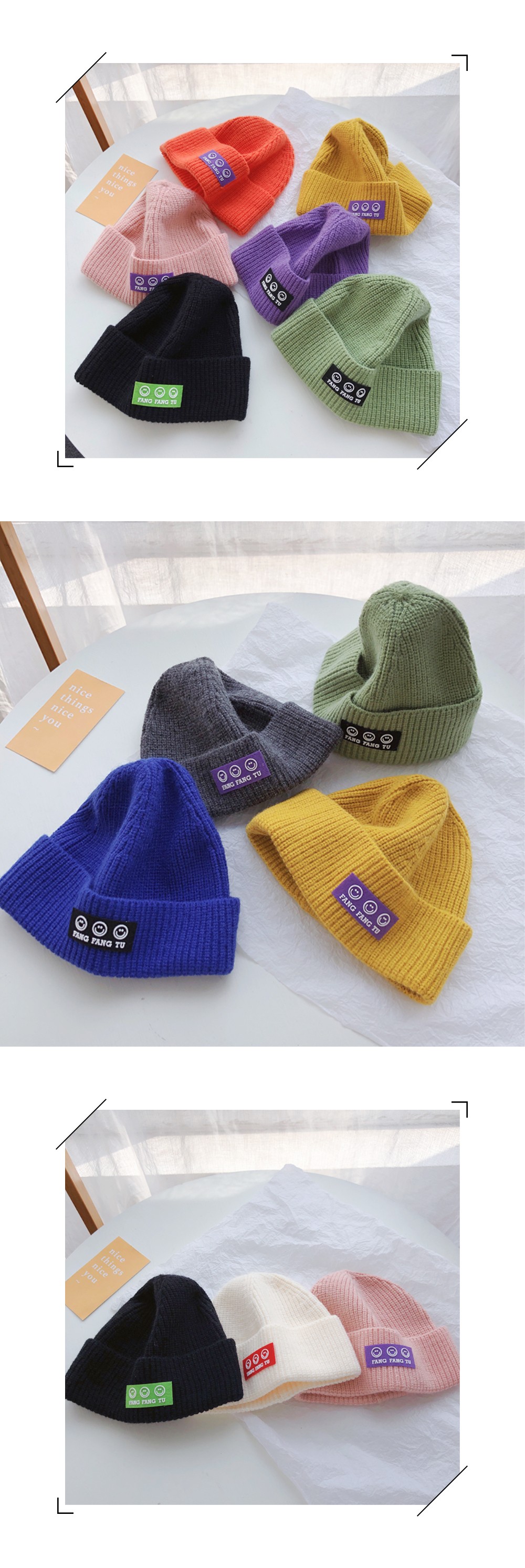 2021年新款秋冬季韩版针织帽儿童三个笑脸贴标纯色个性休闲毛线帽详情图5