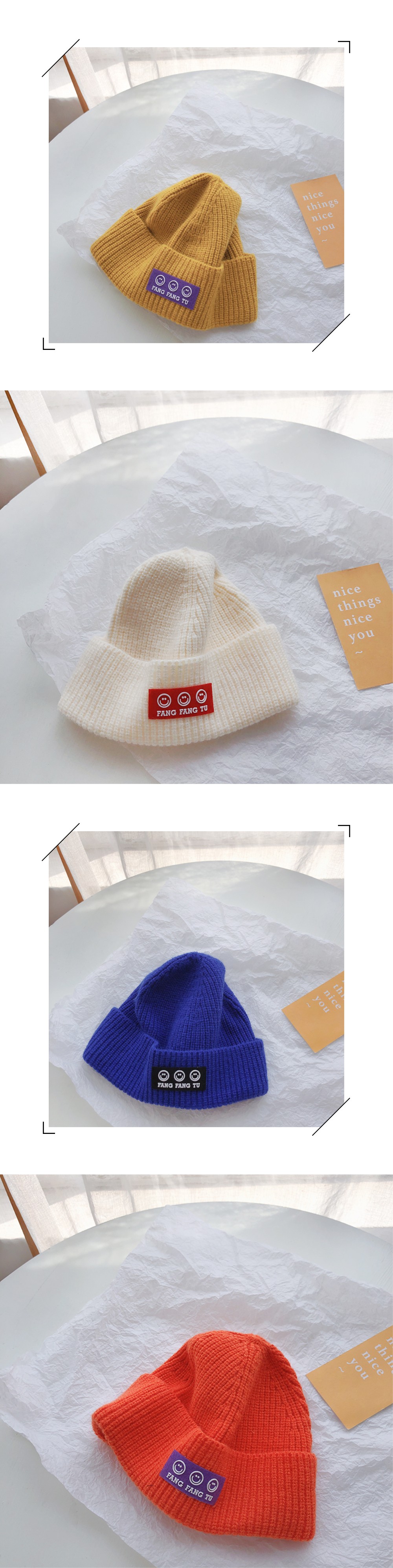 2021年新款秋冬季韩版针织帽儿童三个笑脸贴标纯色个性休闲毛线帽详情图3