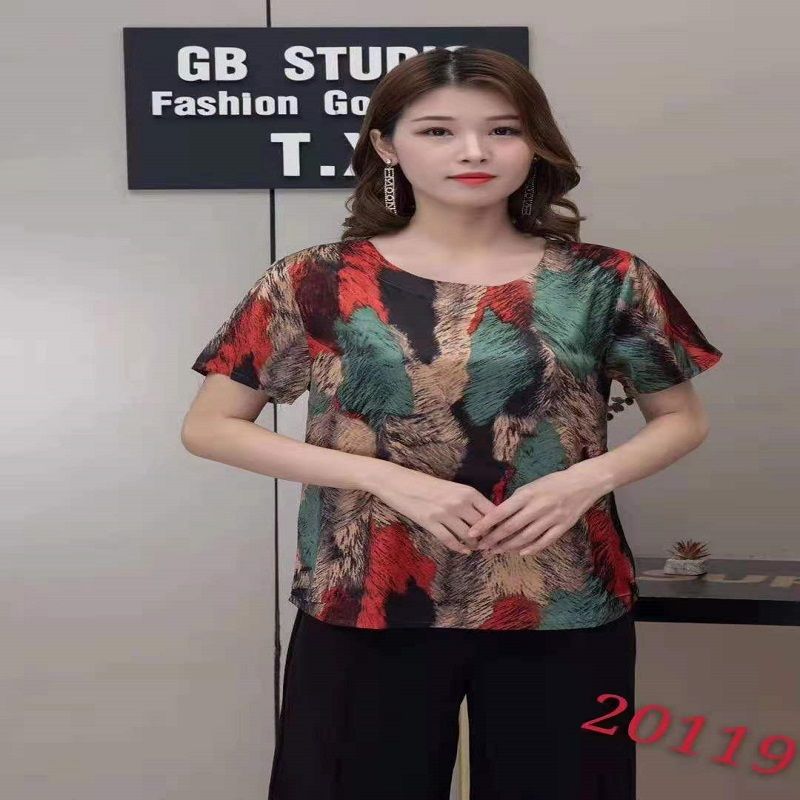 中老年仿蚕丝衬衫女短袖时尚仿真丝t恤气质香云纱冰丝遮肚上衣50