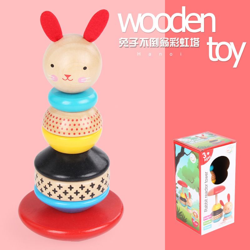 Factory direct supply of children's wooden rabbit column, rainbow tower, stacked ring, animal balance untoppling figure, educational toy 04 details Picture