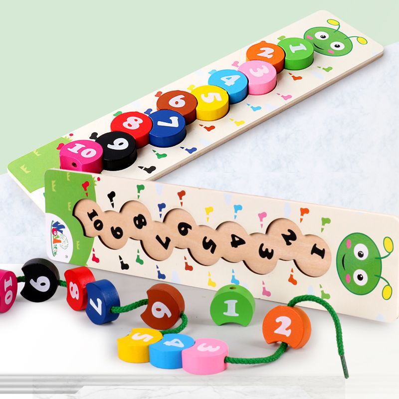 Wholesale of wooden rainbow building blocks, string-through digital caterpillar beaded building blocks, educational early childhood interactive toys for parents and children