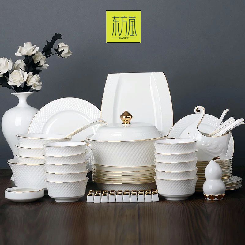 Ceramic bowls, gift bowls, ceramic plates, tableware gifts, embossed bone China set bowls, gilded simple large sets, European-style tableware, household porcelain