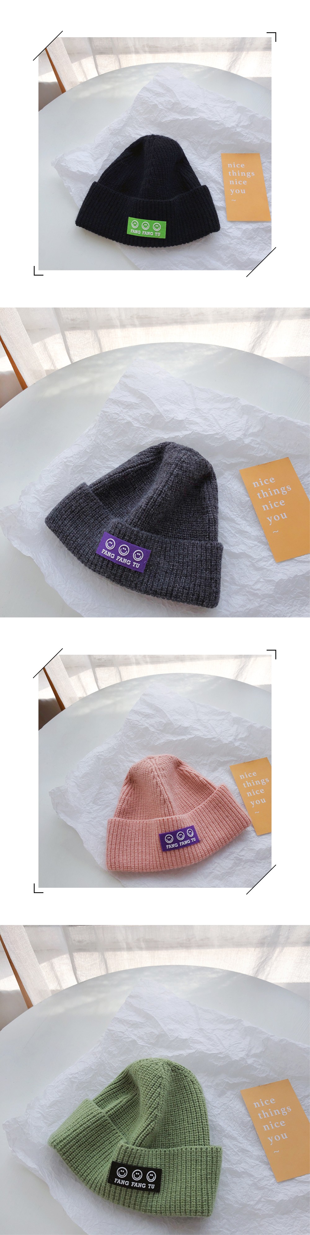 2021年新款秋冬季韩版针织帽儿童三个笑脸贴标纯色个性休闲毛线帽详情图2