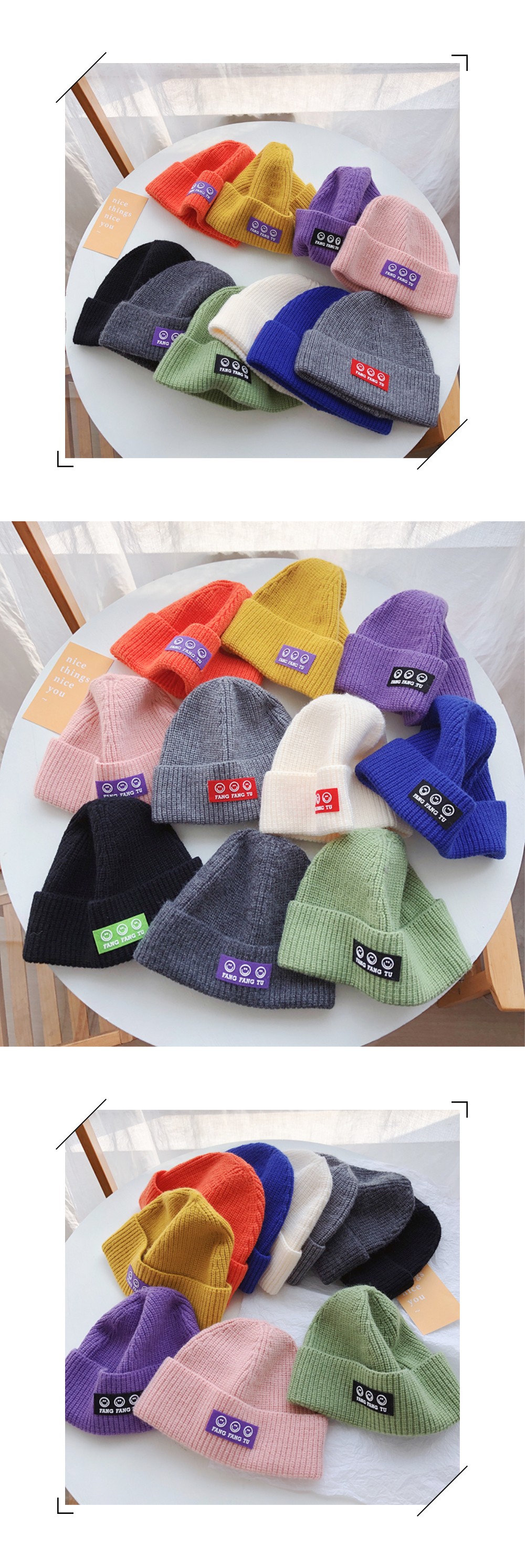 2021年新款秋冬季韩版针织帽儿童三个笑脸贴标纯色个性休闲毛线帽详情图4