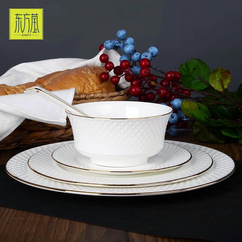 Ceramic bowls, gift bowls, ceramic plates, tableware gifts, embossed bone China set bowls, gilded simple large sets, European-style tableware, household porcelain Specification image