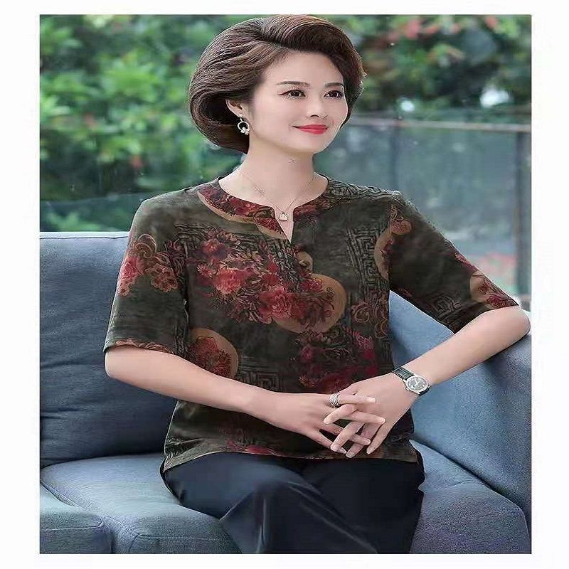 妈妈夏装衬衫50岁60中老年女装夏季短袖上衣大码老人印花衬衣开衫52