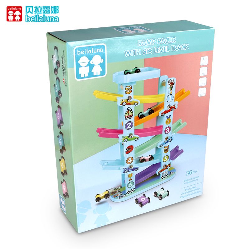 The wooden four-track high-speed slide car is rich in color and highly entertaining. It can exercise babies' color recognition and visual ability, cultivate logical thinking ability, and exercise early education enlightenment training. It is a parent-child game Item Picture