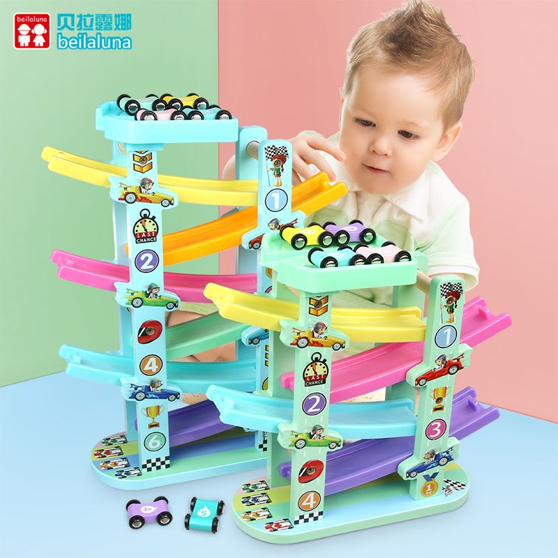 The wooden four-track high-speed slide car is rich in color and highly entertaining. It can exercise babies' color recognition and visual ability, cultivate logical thinking ability, and exercise early education enlightenment training. It is a parent-child game Specification image
