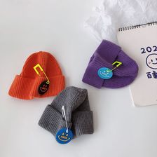 韩版针织帽儿童新款秋冬季别针笑脸个性纯色洋气时尚简约毛线帽潮