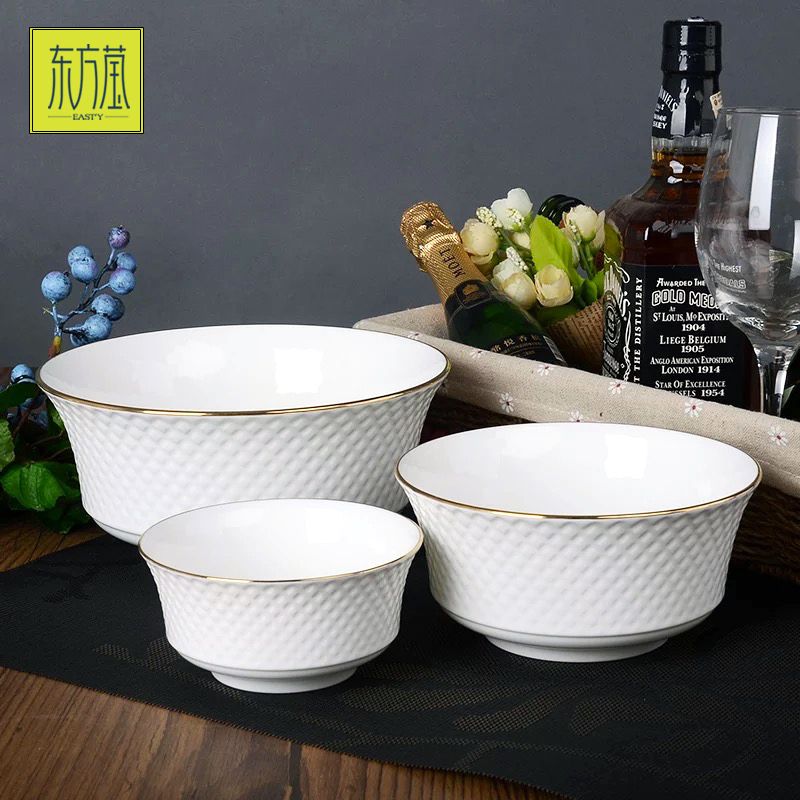 Ceramic bowls, gift bowls, ceramic plates, tableware gifts, embossed bone China set bowls, gilded simple large sets, European-style tableware, household porcelain details Picture