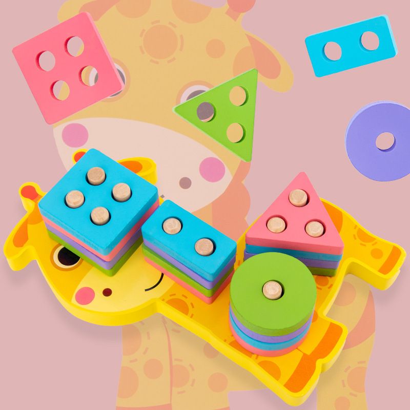 Wooden multi-functional fun cartoon geometric shape matching building blocks color recognition children's early education and intelligence toys details Picture