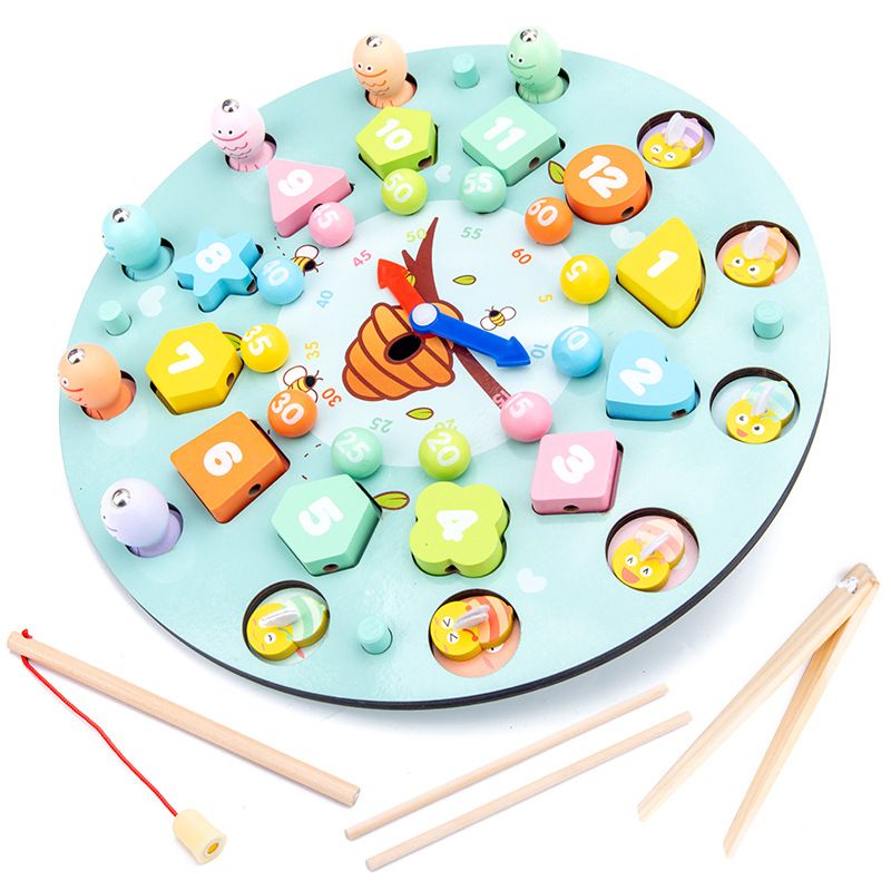 Children's wooden double-sided multi-functional flying chess, number and shape recognition fishing toy, time clock tabletop game