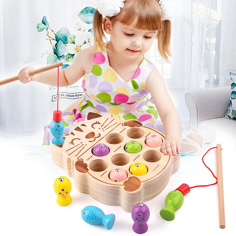3d stereoscopic kitten fishing toys, magnetic fishing games for children, wooden frogs, early education toys for kids wholesale details Picture