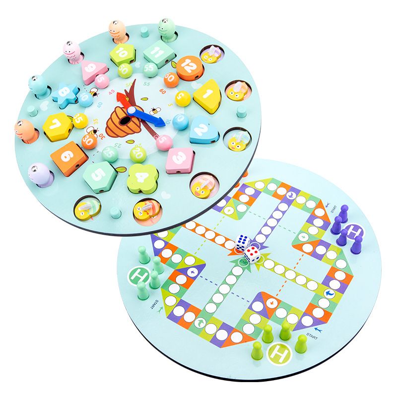 Children's wooden double-sided multi-functional flying chess, number and shape recognition fishing toy, time clock tabletop game details Picture
