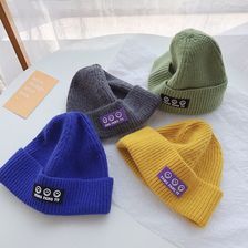2021年新款秋冬季韩版针织帽儿童三个笑脸贴标纯色个性休闲毛线帽