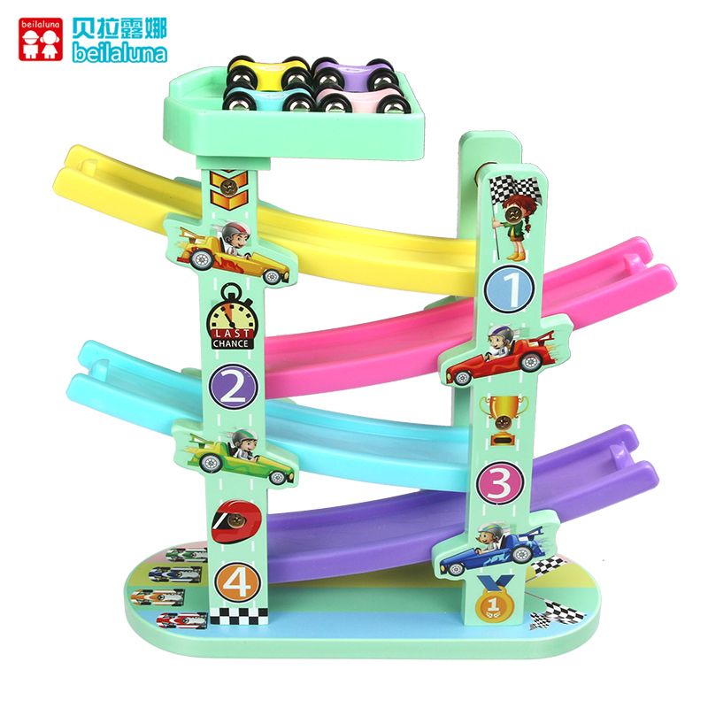 The wooden four-track high-speed slide car is rich in color and highly entertaining. It can exercise babies' color recognition and visual ability, cultivate logical thinking ability, and exercise early education enlightenment training. It is a parent-child game