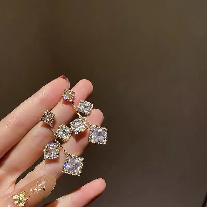 Geometric Diamond Earrings Square Micro-Inset Zircon Earrings Ice Super-Flash Block Earrings Tassel Earrings Crystal Earrings
