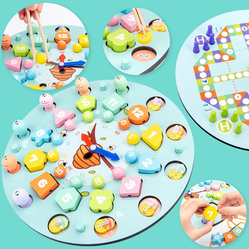 Children's wooden double-sided multi-functional flying chess, number and shape recognition fishing toy, time clock tabletop game Specification image
