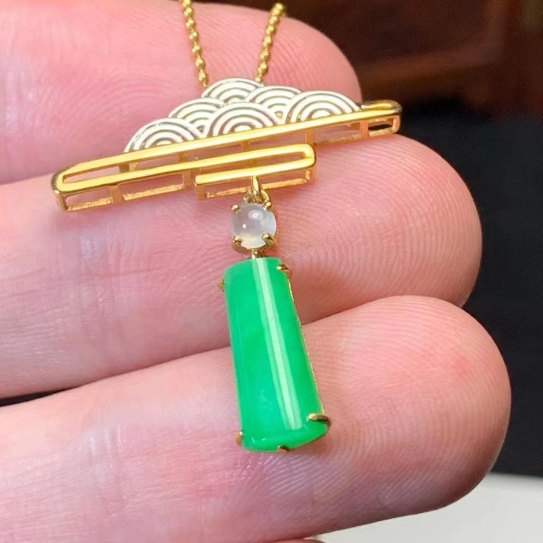 天然翡翠祥云吊坠 A货冰种苹果阳 18k金白冰翡翠镶嵌 配证书礼盒