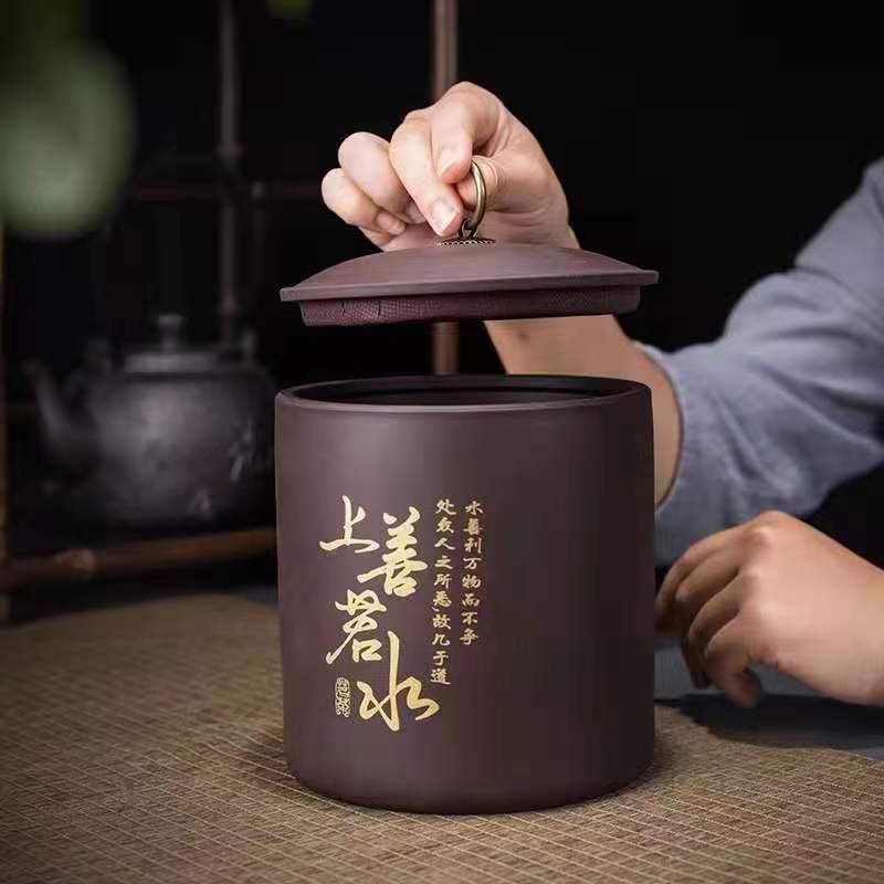 宜兴大号紫砂茶叶罐普洱密封复古茶缸存储陶瓷罐家用醒茶散茶饼罐20