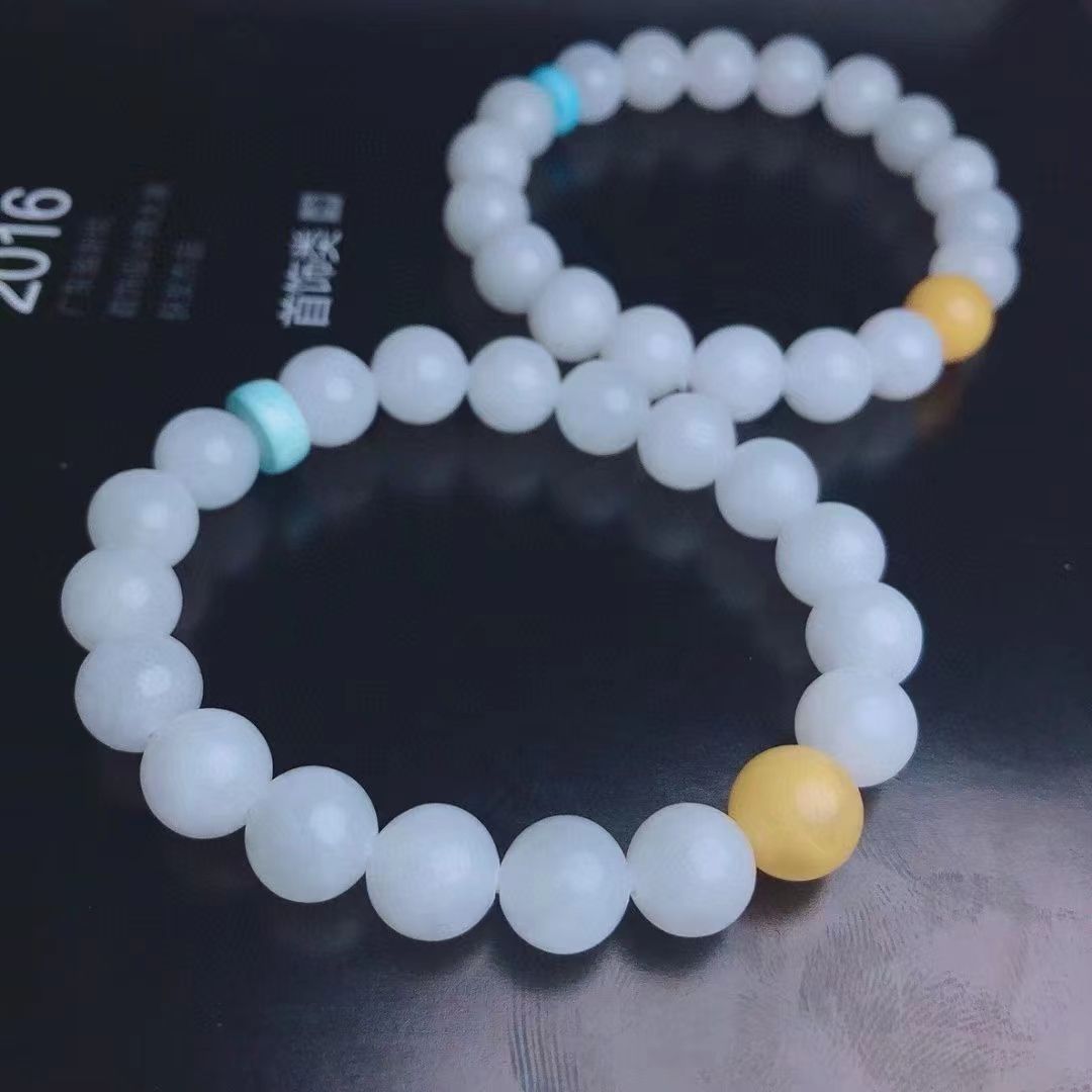 天然和田白玉+蜜蜡+松石手链 清新甜美 直径约9.5-10mm性价比超高