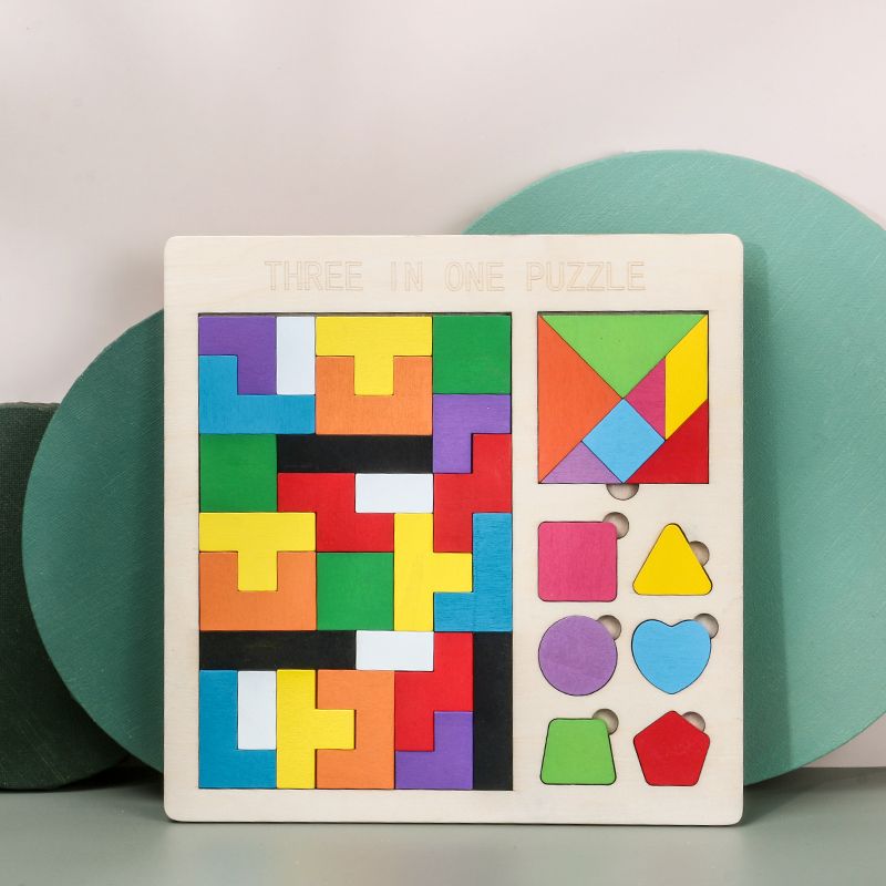 The wooden three-in-one Tetris block is rich in colors and highly entertaining. It can exercise babies' color recognition and visual ability, cultivate logical thinking ability, and exercise early education enlightenment training. It is a parent-child game details Picture