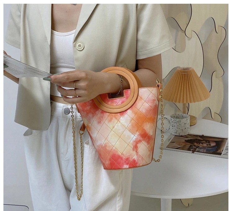 Tie Dye Gradient Pu Round Hand Bucket Bag Chain Crossbody Shoulder Bag undefined