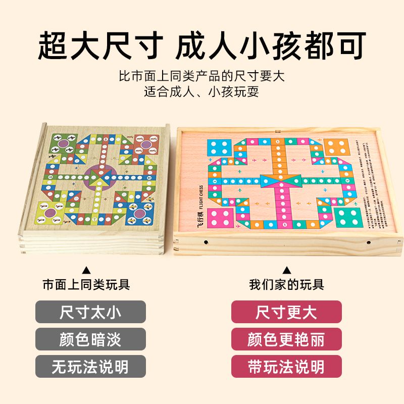 The wooden nine-in-one multi-functional chess board is highly entertaining with rich colors. It can exercise babies' hand-eye coordination, visual ability, logical thinking ability, early education enlightenment training, and is a parent-child game Item Picture