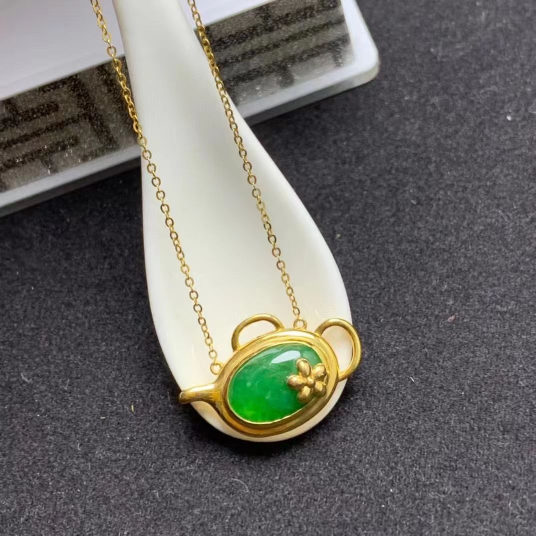 天然A货翡翠把把壶项链 老坑冰种阳绿翡翠吊坠 18k金镶嵌 配证书礼盒