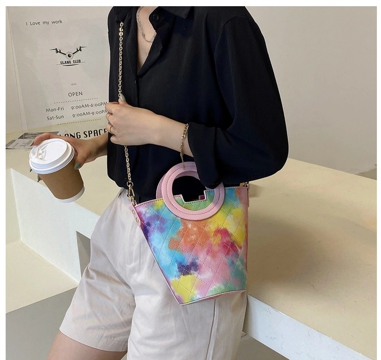 Tie Dye Gradient Pu Round Hand Bucket Bag Chain Crossbody Shoulder Bag undefined