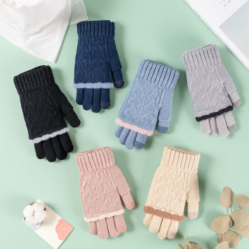 工厂批发冬季女士手套羊驼绒针织 成人手套双件套手套