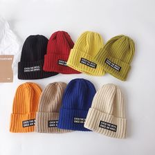 韩版儿童新款针织帽秋冬季字母贴标时尚休闲纯色保暖套头毛线帽潮