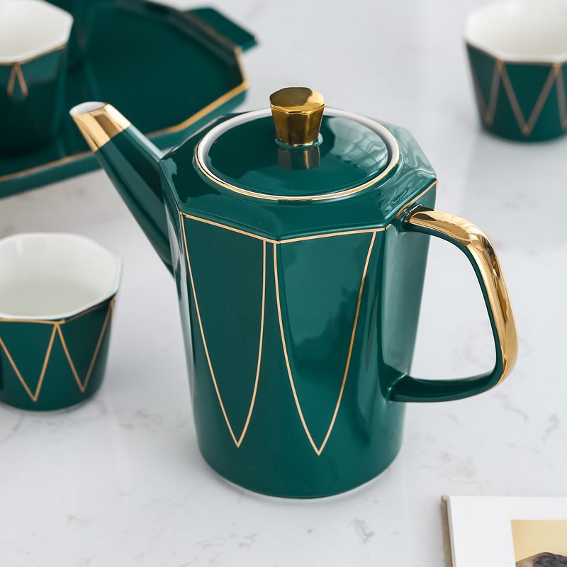 Ceramic water sets, geometric green coffee sets, light luxury simple European tea sets, cups, saucers, household gifts, porcelain cups, kettles, ceramics Specification image
