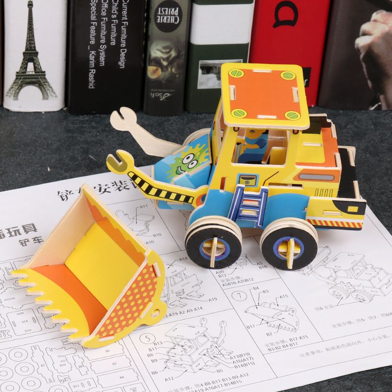 儿童木质拼装车 3D立体拼图 工程车挖掘机拼插玩具 儿童益智玩具