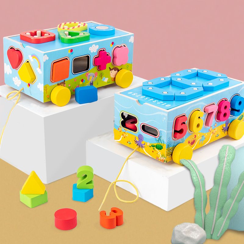 New children's puzzle early education digital cognition matching geometric shapes with hand-pulled trailer building toys details Picture