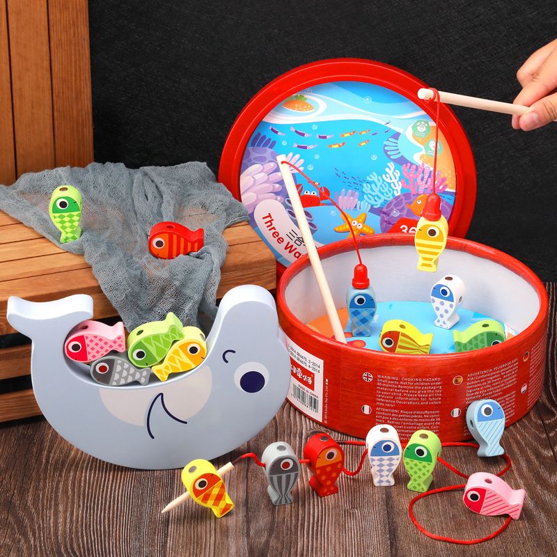 Cross-border best-selling baby wooden three-in-one fishing game balance building blocks children's bucket beaded educational toys 75 details Picture