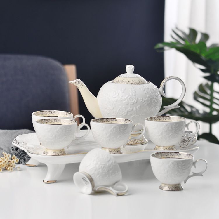 Ceramic water sets for export, ceramic gifts, European-style light luxury living room household cups, cups, cold water kettles, coffee sets, cups and plates, embossed single cups Specification image
