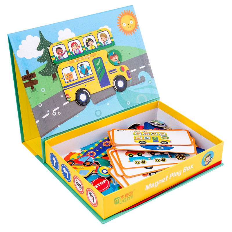 Children's fun magnetic stickers, transportation, ocean, architecture, jigsaw puzzle, cartoon magnetic puzzle box, game puzzle, early education toys