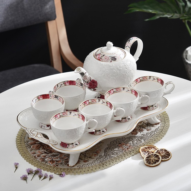 Ceramic water sets for export, ceramic gifts, European-style light luxury living room household cups, cups, cold water kettles, coffee sets, cups and plates, embossed single cups detail image 8